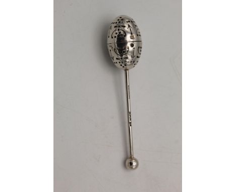 A Victorian silver tea infuser by Atkin Brothers Sheffield 1894, with a ball finial, long stem and hinged, pierced egg shaped