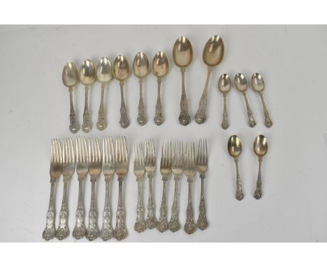 A set of late Victorian silver Queens style pattern flatware by Walker &amp; Hall Sheffield 1898 comprising two table spoons 