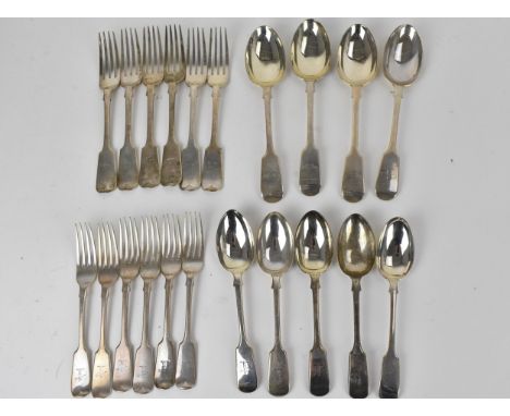 A set of Victorian/Edwardian silver fiddle pattern flatware by Josiah Williams &amp; Co London 1901, 1909 and 1910, engraved 