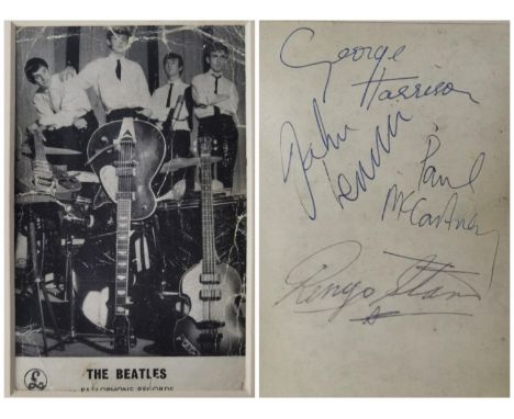 Beatles memorabilia, all four autographs of Paul, Joh, George and Ringo, from the 1960s, singles on the back of a Parlophone 