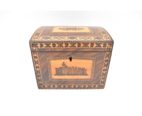 A 19th century Tunbridge ware and rosewood tea caddy, the domed top lid with a central floral motif and front with the scene 