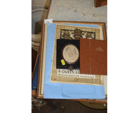 Mixed Lot: Junior stamp album, small portrait of a young girl in dress, a further miniature framed print, coronation of King 