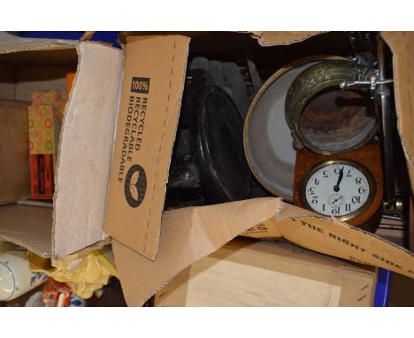 Box of various mixed items to include fire tools, small elephant stand, mantel clock etc