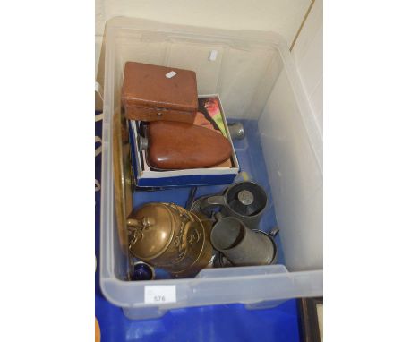 Box of mixed items to include leather mounted hip flask, pewter tankards, brass bell, various records, Ferrari Owners Club ma