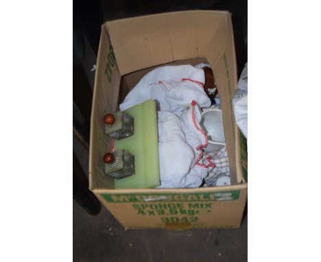 Box of Cornish ware jug, vintage desk stand and other assorted items, 