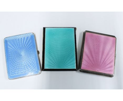 Art Deco silver and pink guilloche enamel cigarette case Birmingham 1936 and a blue enamel and silver cigarette case Birmingh