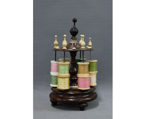 Mahogany and bone bobbin stand, 23cm 