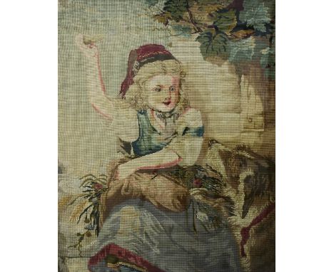 Large tapestry of a girl and her dog, under glass within an ornate gilt frame, size overall 95 x 110cm 