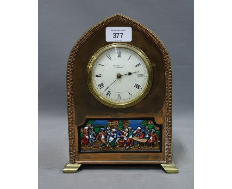 Copper and brass mantle clock with painted frieze, retailed by Jas Hardy &amp; Co, Edinburgh 25cm 