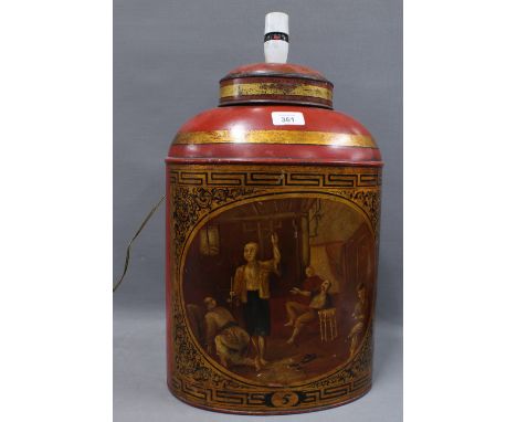Red toleware chinoiserie tea caddy and cover, converted to a lamp base (a/f) 45cm excluding light fitting 