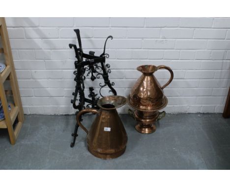 Copper campagna wine cooler / planter, two copper harvest jugs and a wrought iron stand, 71cm, (4) 