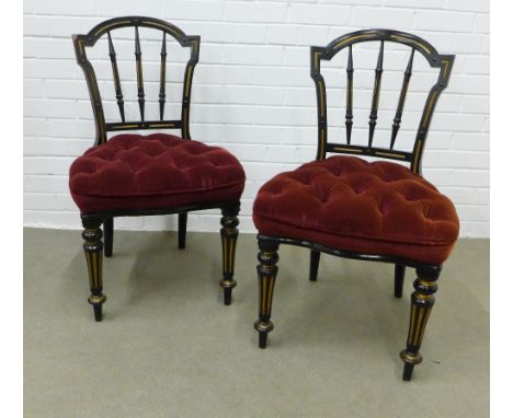 Pair of Victorian ebonised and parcel gilt side chairs with button upholstered stuff over seats. 87 x 51 x 56cm. (2) 