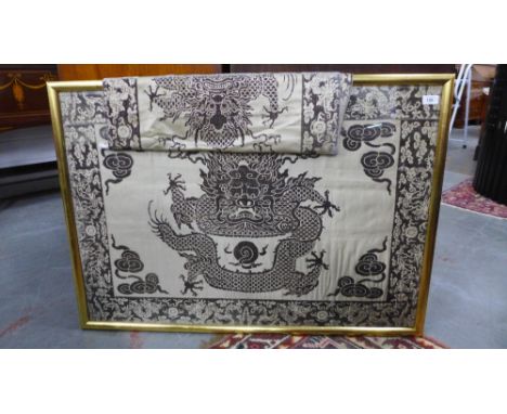 Chinoiserie velvet panel in a large glazed frame, size overall 72 x 102, together with another panel of similar design but un