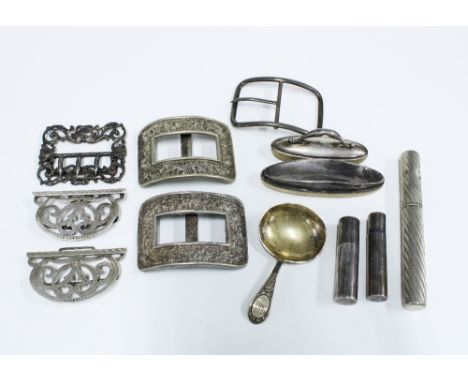 Two silver buckles, Epns two part buckle and thistle pattern shoe buckles, Victorian silver caddy spoon, Sheffield 1846, Birm