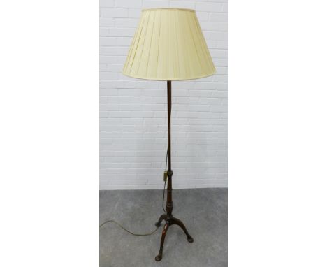 Mahogany standard lamp and shade, with hoof feet. 153cm high. 