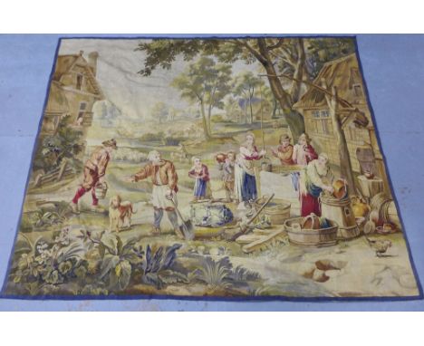 Large tapestry with a village scene with figures around a well, 275 x 235cm approx. 