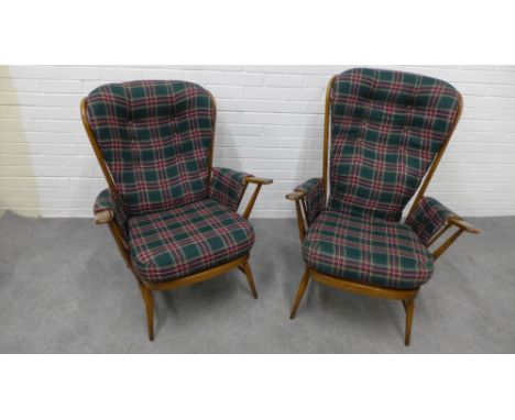 Lucian Ercolani for Ercol , a Model 478 beech and elm armchair with tartan cushions and armrest covers, detachable, together 