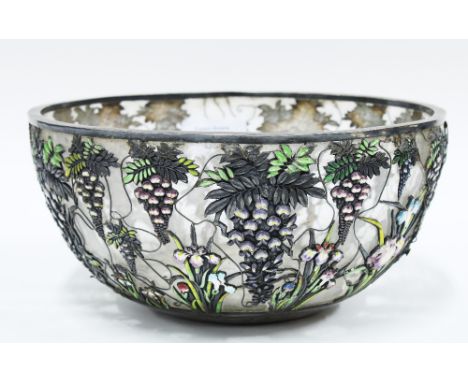 Japanese silver, enamel and glass bowl, late 19th / early 20th century, of silver mounted circular form, decorated profusely 