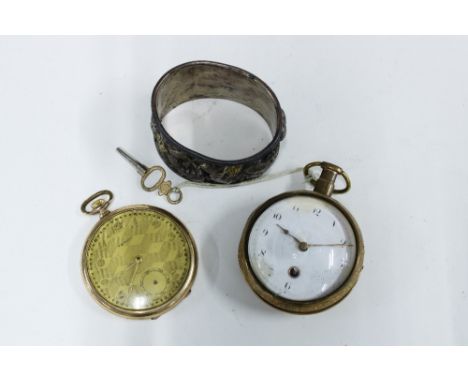 Open face pocket watch, gold plated with enamel back (a/f) gold plated Tempo pocket watch and a Japanese napkin ring (3)