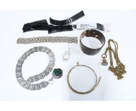 Mixed lot to include a silver bracelet, silver chain with hardstone revolving seal, mother of pearl pendant, gilt metal seal 