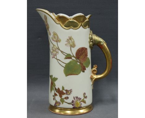 Royal Worcester blush ivory ewer with a shell moulded rim and hand painted with floral pattern, shape number 1229, puce backs