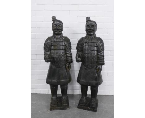 Two large painted plaster 'Chinese Terracotta Army' style garden figures, 112cm (2) 