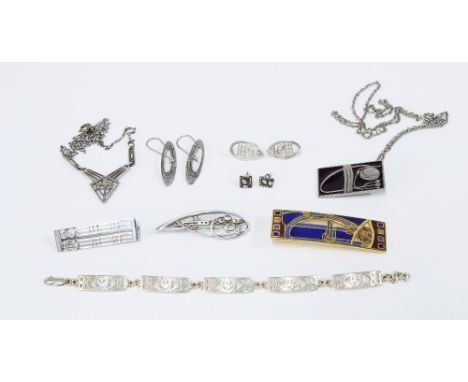 A collection of Rennie Mackintosh inspired silver jewellery to include an Ola Gorie brooch and another, bracelet, necklace, t