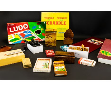 A Box of Assorted Board Games and Playing Cards. To include Ludo, Scrabble, Walt Disney Dumbo card game, wooden chess pieces 