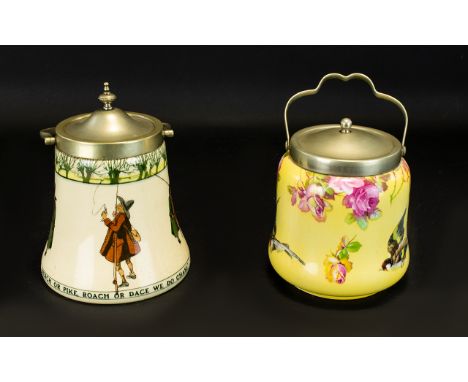 Royal Doulton Isaac Walton ware Biscuit Barrel of bell form, with pewter tone handle, decorated with figures to body. Along w