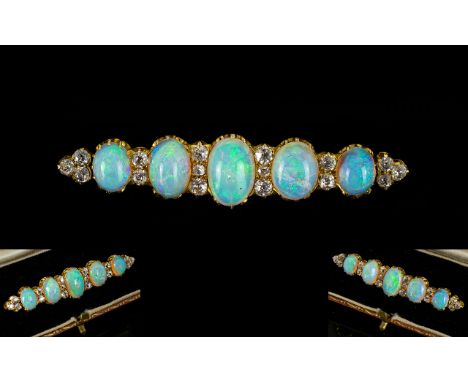 Victorian Period 18ct Gold Superb Quality & Stunning Opal & Diamond Set Brooch.  The five-top quality oval shaped cabuchon cu