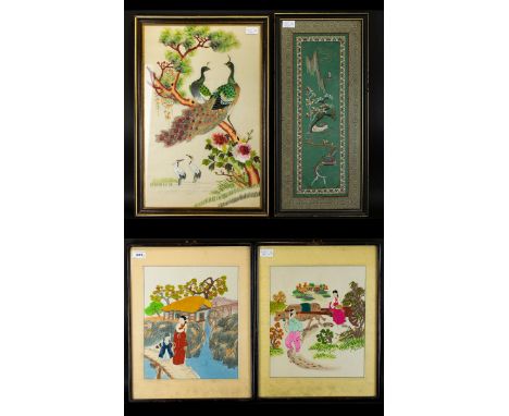 A Collection Of Four Oriental Silk Embroidered Pictures The first depicting a pair of Peacocks on branch, secondly, two rural