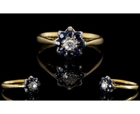 Ladies 9ct Yellow Gold Diamond and Sapphire Set Dress Ring, Flower head Design, The Central Diamond Surrounded by 8 Sapphires