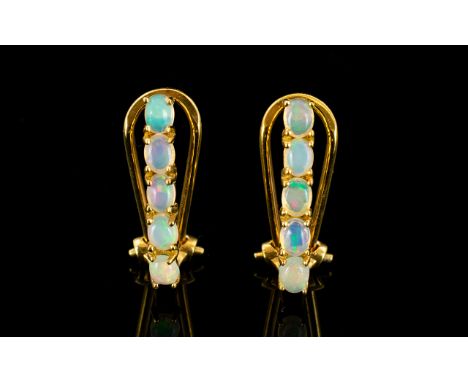 Pair of Opal Earrings, each earring comprising a vertical row of five oval cut opals set in 14ct gold vermeil and silver Fren