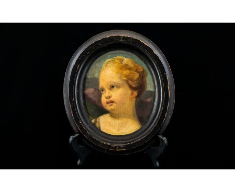 18thC Painting On Oval Panel, Depicting A Cherubs Head, Pencil Inscriptions To Verso No 10 F Boucher, X11. Stained Boxwood Fr