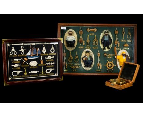 Nautical Interest Comprising two framed displays each showing various sailors knots, figures and fastenings. Housed in wood b