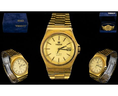 Tissot PR 516 Quartz Gents Gold Plated on Stainless Steel Wrist Watch. Date 1981. Champagne Dial, Date Display, Sweeping Seco