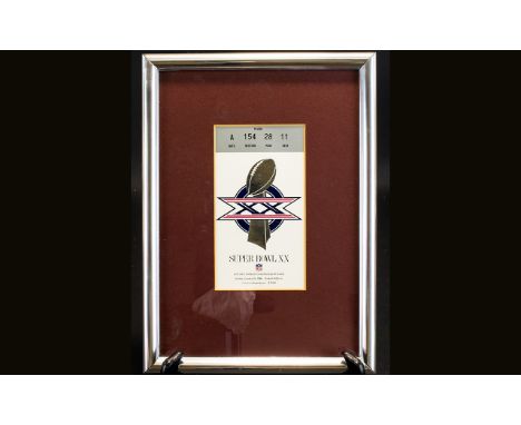 American Football Interest Super Bowl 20 XX Ticket Stub Bears Patriots PSA 3 1986 Framed and mounted under glass, very good c