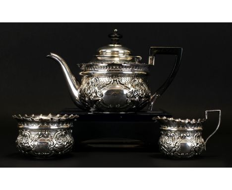 Victorian Period - Superb Quality Bachelors Embossed Silver 3 Piece Tea - Service of Very Small Size and Excellent Form, with