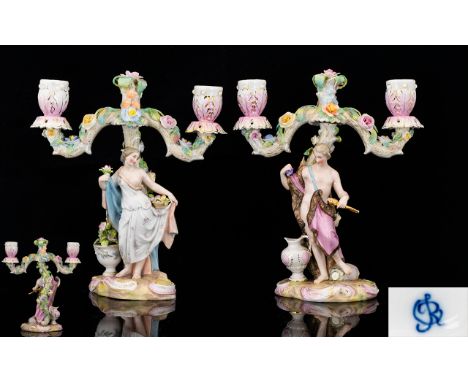 Very Fine Pair of 19th Century Meissen Style German Hand Painted Porcelain Small Figural Candelabra Hand Painted In a Very So