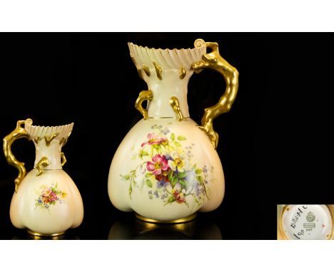 Royal Worcester Hand Painted Porcelain Blush Ivory Jug with Painted Images of Colourful Spring Flowers to Body and a Naturali