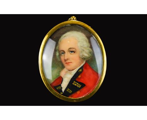 Hand Painted Portrait Miniature Housed in convex glass and gold tone oval frame, depicting a Georgian gentleman. Approx 3.5 i