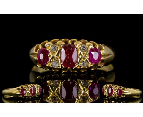 Victorian Period 18ct Gold Ruby and Diamond Dress Ring. Interesting Setting - Please See Photo, The Three Rubies of Pigeon Bl