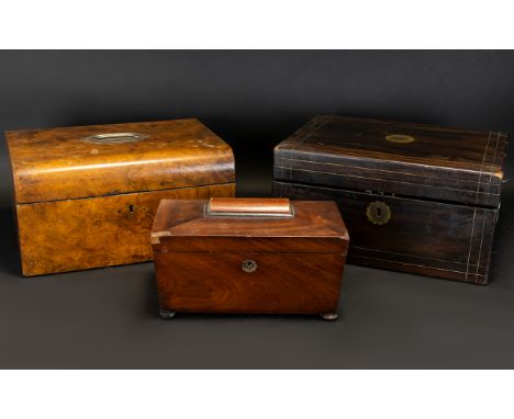 Three Antique Wooden Boxes Each require restoration, to include small footed casket/caddy, walnut veneer top handle box and e