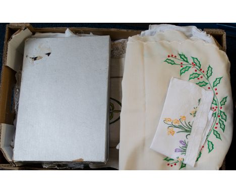 Box of Assorted Linen Large box of items comprising 2 Cotton Underskirts, Embroidered Linen Panel, 15 Assorted Doilies, Embro