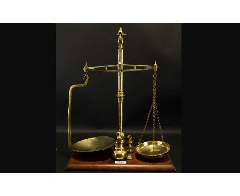 A Pair Of Brass Pan Scales - With Weights. Marked Agate Balance. Height 20 Inches. 