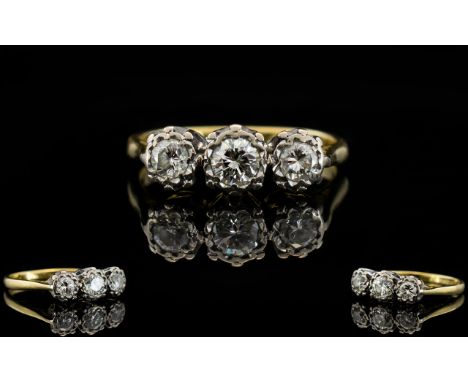 18ct Gold - Ladies 3 Stone Diamond Illusion Set Dress Ring, The Three Round Cut Diamonds of Good Colour and Clarity. Marked 1