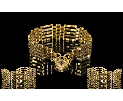 Ladies 9ct Gold Five ( 5 ) Bar-Gate Bracelet with 9ct Gold Heart Shaped Padlock and Safety Chain. Fully Hallmarked for 9.375 