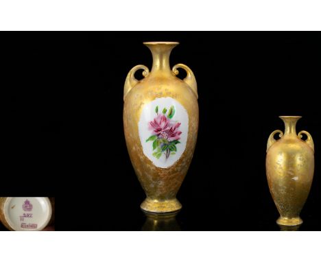 Royal Worcester Vase, Shape Number 287, Painted Pink Blossom On A Gold Ground, Height 7 Inches, Puce mark To Base Early 20thC