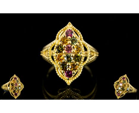 Tourmaline Multicolour Marquise Shape Ring, 12 round cut tourmalines in rubellite red, olive green, golden yellow, pink and t