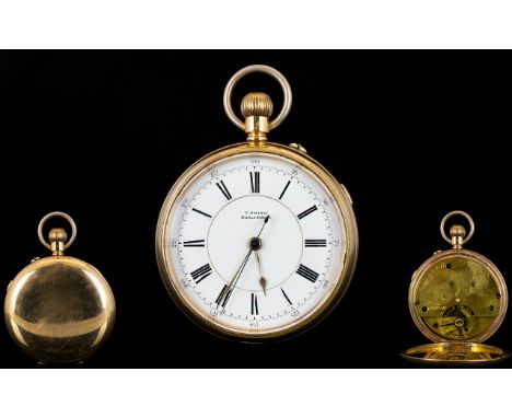 Antique Period Large Gold Filled Keyless Chronograph Open Faced Pocket Watch, Maker J. Smith of Haslingden, Guaranteed to be 